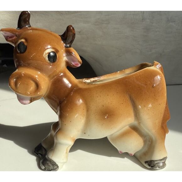 Cow Creamer Vintage 1940’s Japan Ceramic Porcelain Brown Orange 4"x 5" - Picture 9 of 9